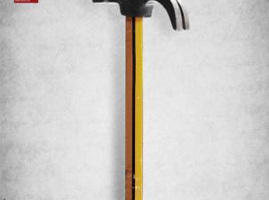 Poster advertising a festival of cinema and human rights. The handle of a hammer has been replaced with a pencil