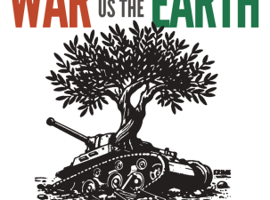 GDAMS poster for their 2024 campaign. A black tree grows out of the silhouette of an army tank.  Above reads ‘War Costs us the Earth.’ 