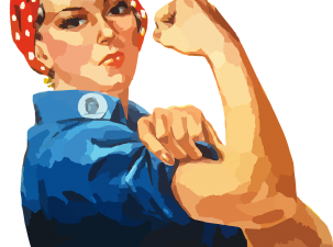 Strong white women wearing a red and white polka dot bandana and blue shirt, raising her hand into a fist and displaying her biceps