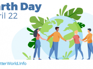 Graphic for Earth Day - Four different people surround a globe holding hands. Large green leaves surround the Earth. The words Earth Day are written in blue on the left.