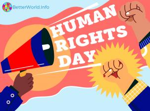 Raised fists and a hand holding a megaphone, in front of a human rights flag.