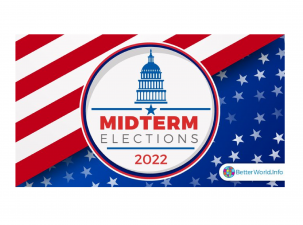 U.S. Midterm Elections 2022 -  A round emblem of the US Congress and the words: Midterm Elections 2022 sit infront of the red, white, and blue stars and stripes representing the U.S. flag.