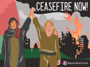 Poster calling for a ceasefire in Gaza. In the bottom left, an Israel woman and a Palestinian woman hold hands in the air, as a symbol of peace and unity. There is a Palestinian flag which fills the background, and in front, the outline of burning black buildings with gray smoke and flames coming off them.