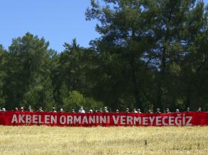 Image of protesters in the Turkish area of Akbelen who are campaigning against massive logging by the coal industry. They stand in a long line on an open field holding a large red banner with many trees in the background. The sign says 'Akbelen ormanini vermeyecegiz'