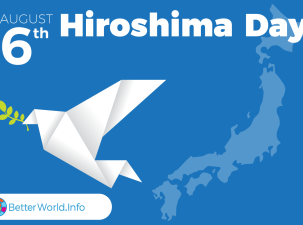Poster for Hiroshima Day - A white paper crane carrying a green olive branch in its beak flies over the outline of Japan. Infront of a blue background the words 'Hiroshima Day Augst 6th' are written in white