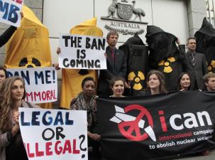 ICAN campaigners protest outside Australia's permanent mission to the UN at Geneva, during the May session of the UN open-ended working group on nuclear disarmament