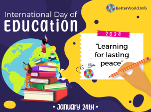 Yellow and purple graphic for International Day of Education on January 24th. A stack of books with young people climbing on them sits in front of the planet Earth. On the right the slogan for 2024 reads 'learning for lasting peace'