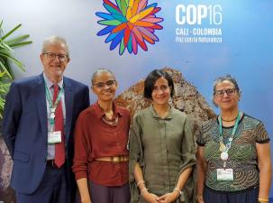 Four key representatives of the COP16 UN Biodiversity talks stand infront of the logo for the 2024 conference