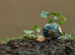 Miniature planet on dark earth, some rocks, plants and green leaves, light brown isolated background