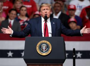 President of the United States Donald Trump speaking with supporters at a "Keep America Great" rally at Arizona Veterans Memorial Coliseum in Phoenix, Arizona.