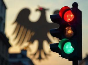 A traffic light with red, yellow, and green signals against a background with a silhouette of a German eagle.