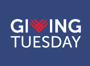 Blue Giving Tuesday Large Logo. The text 'Giving Tuesday' is written in white and their logo the red heart replaces the V in giving