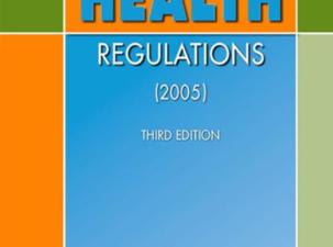 Front page of the International Health Regulations Third Edition by WHO. The cover is blue, orange, and green with white writing