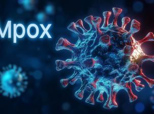 A close up image of the mpox virus sit next to the words Mpox in white infront of a dark background with other smaller viruses in the background