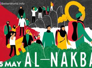 Graphic for Al-Nakba Day May 15. In the backround is the black, white, green, and red flag of Palestine. The image shows many displaced people having to leave their county. There is a large fist holding a golden key in the centre.