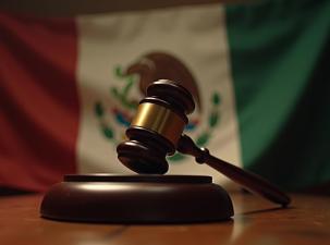 Gavel to Commence close-up with mexican flag on the background