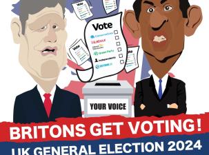 Caricatures of Rishi Sunak and Keir Starmer stand either side of a ballot box. There is a map of the UK in the background with the British flag on it and ballot papers with the main candidates are flying in the air.
