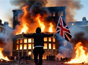 A large english style building burning down with a rioter in front celebrating while holding an UK flag