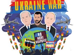 Graphic for the Ukraine War. Biden, Zelynskyy, and Putin stand behind the planet with bombs raining down from war planes and a storm cloud. Protesters at the bottom of the Earth are holding banners which say 'No more weapons', 'Diplomacy now', and 'We demand peace'.