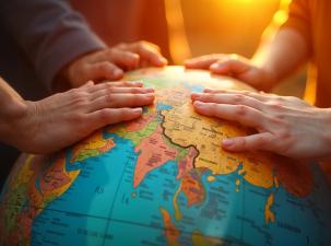 A close-up of the hands of several individuals of different ethnicities placed on a large globe, with a radiant sunrise casting colourful reflections, symbolising a collective agreement for the future.