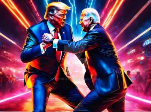 Colourful AI image of Donald Trump battling against Joe Biden there are lots of bright lights in the background as the two older men wearing suits fight
