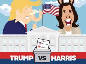 Donald Trump and Kamala Harris fight for U.S. Presidency 2024 in the White House. Trump is symbolized as a Republican elephant and Harris as a Democratic donkey.