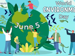 Graphic for World Environment Day. A green Earth sits on a blue background surrounded by leaves and birds and people taking care of the planet. A white banner across the globe reads ‘June 5’ 