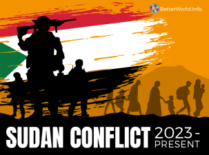 Graphic representing the ongoing conflict in Sudan. The silhouettes of civilians and soldiers are across a yellow background. The Sudanese flag of red, white, black, and green is in the top right corner. The words ‘Sudan Conflict 2023 – Present' fill the bottom part of the image. 