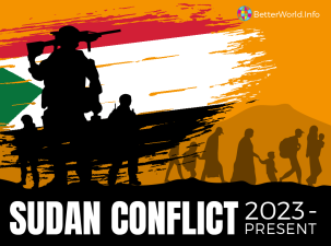 Graphic representing the ongoing conflict in Sudan. The silhouettes of civilians and soldiers are across a yellow background. The Sudanese flag of red, white, black, and green is in the top right corner. The words ‘Sudan Conflict 2023 – Present' fill the bottom part of the image.
