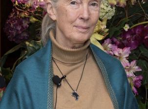 An image of Jane Goodall standing infront of a beautiful vase of flowers. She is wearing a blue shawl and is looking into the camera.