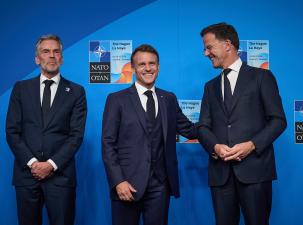 Welcome Ceremony and Official Photo from the 2025 NATO Summit in The Hague. NATO Secretary General Mark Rutte and Dick Schoof (Prime Minister, the Netherlands) welcome Emmanuel Macron (President, France)