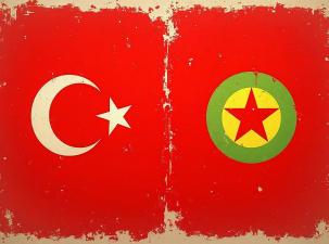 A digital illustration showing a flag with two distinct symbols on either side. On the left, a reminiscent of the Turkish flag. The right, features a red background and a yellow circle with a red star inside, surrounded by a green ring.