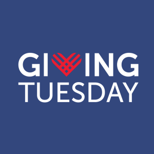 Blue Giving Tuesday Large Logo. The text 'Giving Tuesday' is written in white and their logo the red heart replaces the V in giving