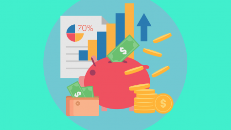 Light blue circle graphic with images inside of a piggy bank, a wallet with notes, and some charts showing growth