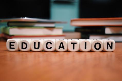 White dice with the letters spelling out 'Education'  in black are st out neatly in a row on a brown wooden stable infront of some piles of books.