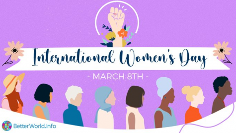 Purple poster celebrating International Women's Day. The profile of 8 different womens head all face the same direction under a banner with flowers and a strong fist above them.