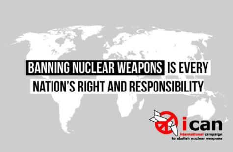 Nuclear weapons ICAN poster displaying world map in grey and white