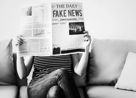 Black and white image of a woman sitting on the sofa holding up a newspaper which reads 'The Daily - Fake News'.