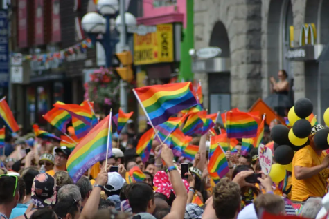 Many LGBTQI+ supporters watch a pride parade. Many are holding the signature rainbow flag which represents solidarity with the community.