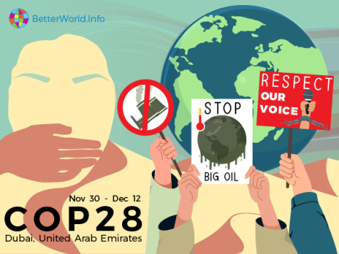 Graphic for the COP28 climate talks in Dubai. There is a woman on the left being silenced and there are protesters on the right infront of a large planet Earth. There are signs that say 'Respect our voice' and 'Stop Big Oil.'