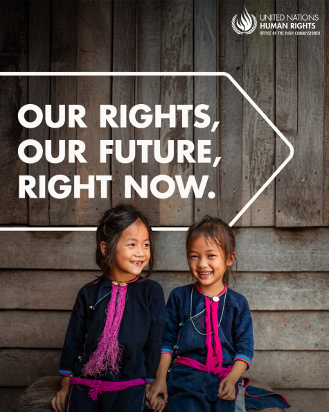 Graphic for Human Rights Day 2024 by UNHCR. The graphic is entitled 'Our Rights, Our Future, Right Now' which is this years theme. Two girls wearing traditional dress sit on a wooden bench holding hands and smiling into the camera