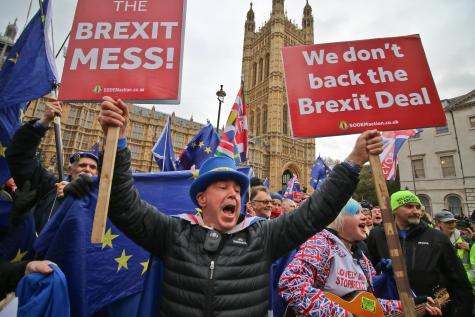 Brexit protesters line the streets infront of UK Parliament. The man in the forefront of the photo is holding two signs one says 'The Brexit Mess' and the other 'We don't back the Brexit deal.'