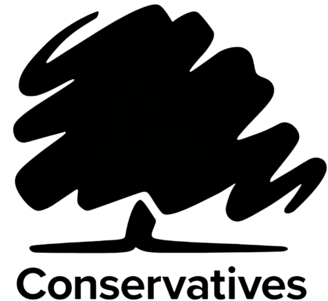 Black logo for the UK Conservative Party. A thick black scribble sits above the trunk of a tree with the name of the party written underneath