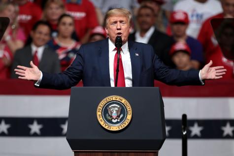 President of the United States Donald Trump speaking with supporters at a "Keep America Great" rally at Arizona Veterans Memorial Coliseum in Phoenix, Arizona.