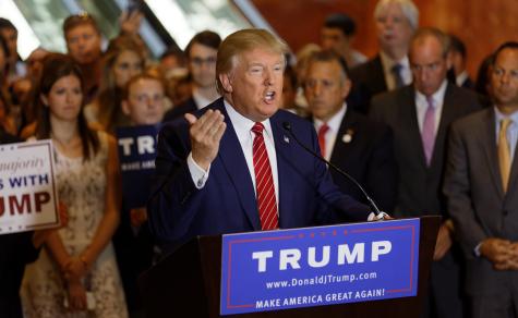 Donald Trump gives a public speech in front of a large crowd 