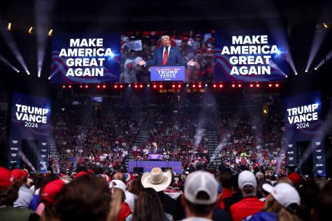 Former President of the United States Donald Trump speaking with attendees at an Arizona for Trump rally at Desert Diamond Arena in Glendale, Arizona.