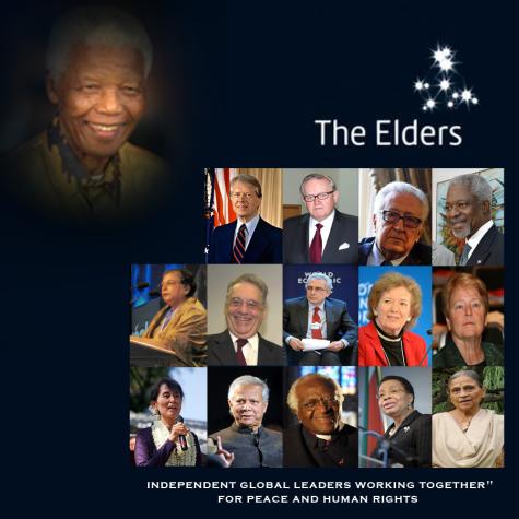 Montage of the members of The Elders organisation. On a black background in the top left corner Nelson Mandela looks down on many images of the current members