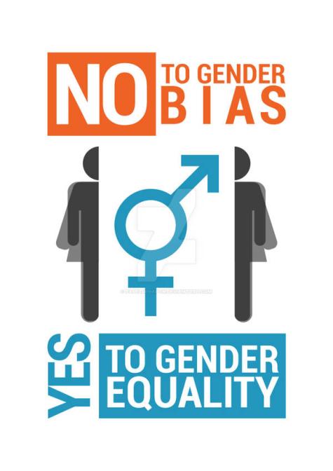 Poster for gender equality - The symbols for male and female are connected in the middle in grey, a silhouette of a man and a woman overlap on either side. At the top in orange are the words ' No to gender bias' and at the bottom in blue 'Yes to gender equality' 