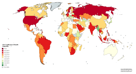 Map of the world displaying the Gini Coefficient of wealth inequality in 2019