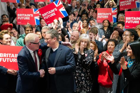 Keir Starmer, leader of the Labour Party, and Richard Parker, Labour’s newly elected West Midlands Mayor, celebrate with activists at the ICC in Birmingham